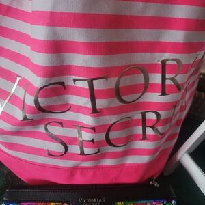 Victoria's Secret Pink and WhiteStriped Tote With Sequened Pouch